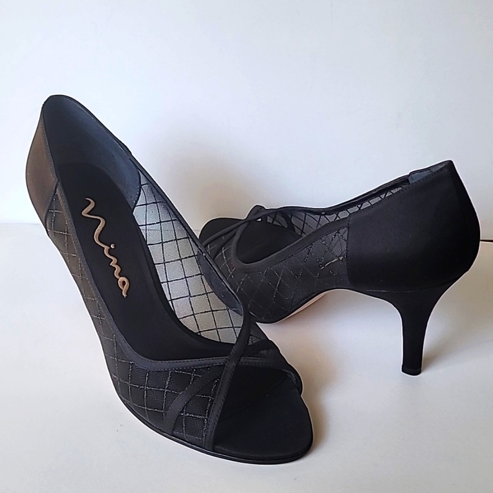 NWB Nina Open Toe Satin and Mesh Heels, Size 9.5M - Picture 2 of 9
